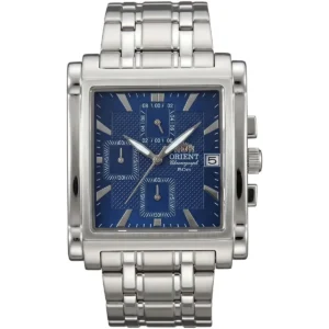 orient men square blue chronograph steel watch