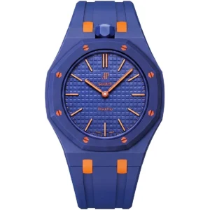 ساعة اوديمار بيجيه سواتش Audemars Piguet x Swatch موديل Royal Pop ORENJI HACHI رقم الموديل SSX03L103N للجنسين باللون الكحلي والبرتقالي