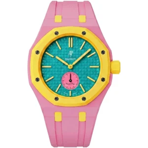 ساعة اوديمار بيجيه سواتش Audemars Piguet x Swatch موديل Royal Pop OTG ROZ رقم الموديل SSX03J100N للجنسين باللون الوردي والأزرق المخضر