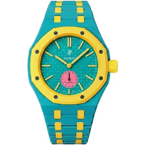 audemars piguet x swatch royal pop otg roz ssx03j100n unisex teal yellow ceramic watch