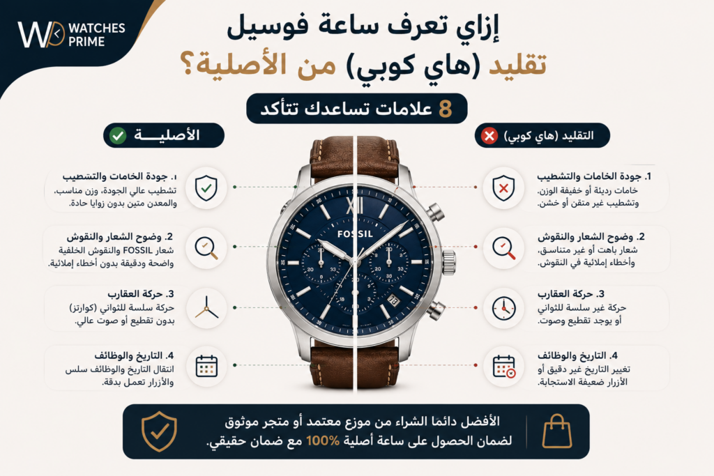 إزاي تعرف ساعة فوسيل تقليد (هاي كوبي) من الأصلية؟ 8 علامات تساعدك تتأكد | واتشز برايم إزاي تعرف ساعة فوسيل تقليد (هاي كوبي) من الأصلية؟ 8 علامات تساعدك تتأكد | واتشز برايم