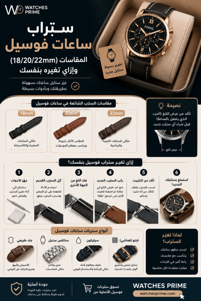 مقاسات ستراب ساعات فوسيل (18/20/22 مم) وطريقة تغييره بنفسك مقاسات ستراب ساعات فوسيل (18/20/22 مم) وطريقة تغييره بنفسك
