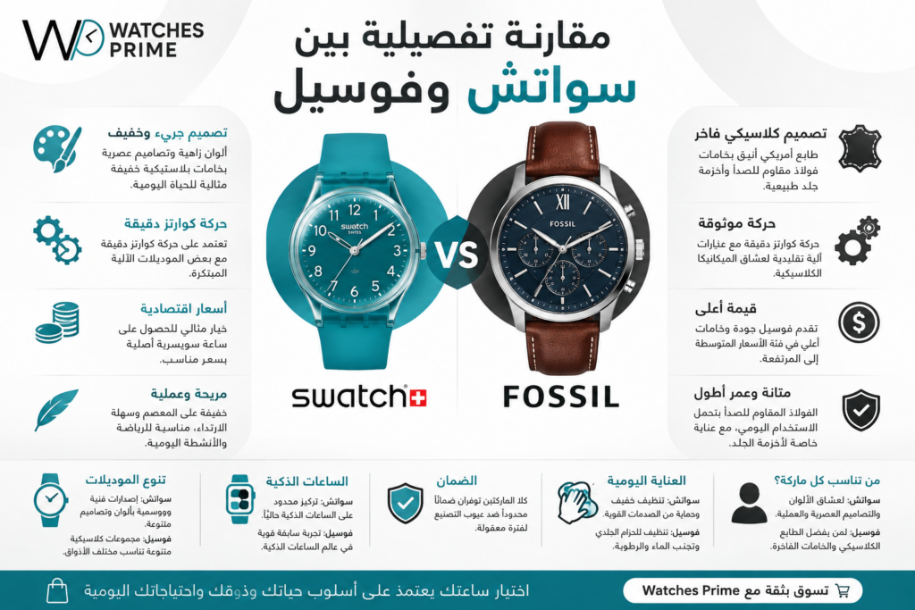 ايهما افضل ساعات سواتش ام فوسيل؟ مقارنة شاملة للأسعار والجودة ايهما افضل ساعات سواتش ام فوسيل؟ مقارنة شاملة للأسعار والجودة