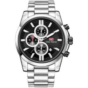 mf0134g 03 mini focus watch men chronograph black dial silver stainless steel strap