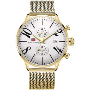 mf0135g 09 mini focus watch men silver dial gold stainless steel strap mesh