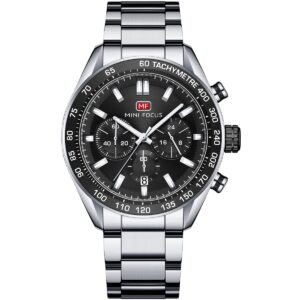 mf0403g 05 mini focus watch men chronograph black dial silver stainless steel strap
