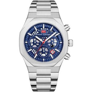mf0411g 01 mini focus watch men chronograph blue dial silver stainless steel strap