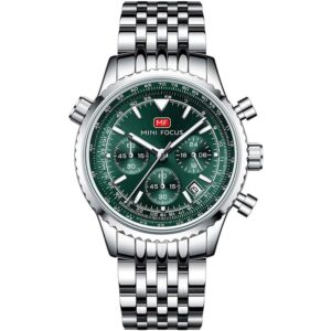 mf0463g 02 mini focus watch men chronograph green dial silver stainless steel strap