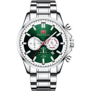 mf0469g 03 mini focus watch men chronograph green dial silver stainless steel strap