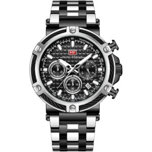 mf0470g 06 mini focus watch men chronograph black dial silver stainless steel strap