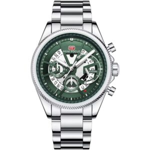 mf0490g 02 mini focus watch men chronograph green dial silver stainless steel strap