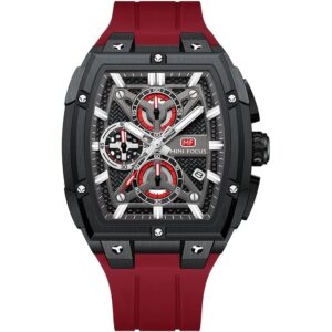 mf0602g 04 mini focus watch men square chronograph black dial red rubber strap