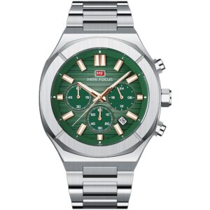 mf0612g 03 mini focus watch men chronograph green dial silver stainless steel strap
