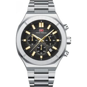 mf0612g 04 mini focus watch men chronograph black dial silver stainless steel strap