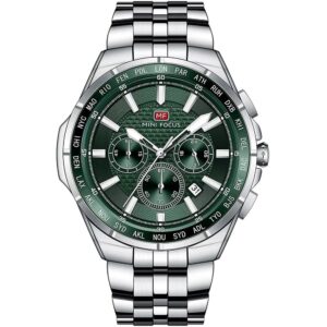 mf0613g 02 mini focus watch men chronograph green dial silver stainless steel strap