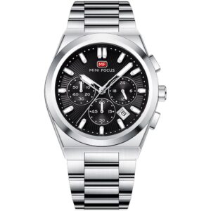 mf0614g 01 mini focus watch men chronograph black dial silver stainless steel strap