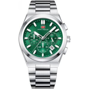 mf0614g 02 mini focus watch men chronograph green dial silver stainless steel strap