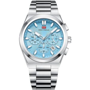 mf0614g 03 mini focus watch men chronograph blue dial silver stainless steel strap