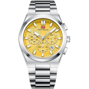 mf0614g 04 mini focus watch men chronograph yellow dial silver stainless steel strap