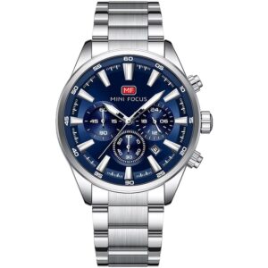 mf0634g 02 mini focus watch men chronograph blue dial silver stainless steel strap