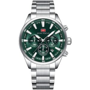 mf0634g 04 mini focus watch men chronograph green dial silver stainless steel strap