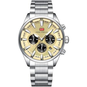 mf0634g 06 mini focus watch men chronograph beige dial silver stainless steel strap